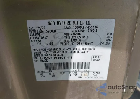 2005 Ford F250 Super Duty из США, поврежденный, VIN 1FTSW21P65EC21448